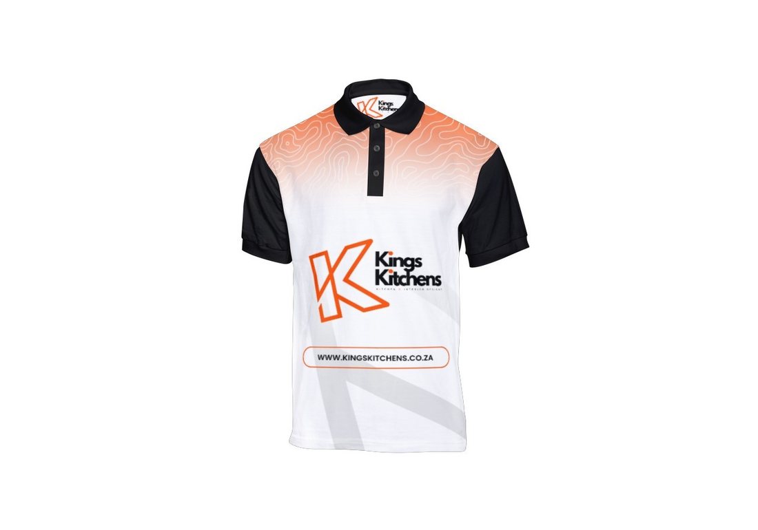 Culinary Legend polo, white and orange with black sleeves